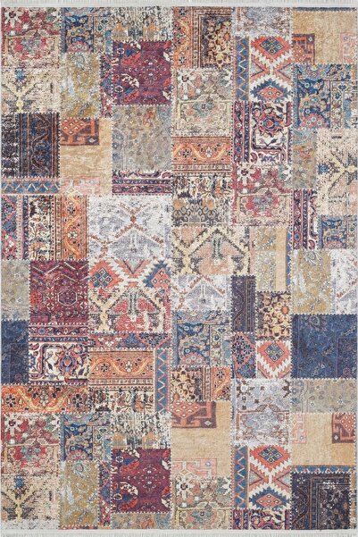 Genel Markalar Bordo Patchwork Modern Yıkanabilir Kaymaz Salon Halısı Bisztynek