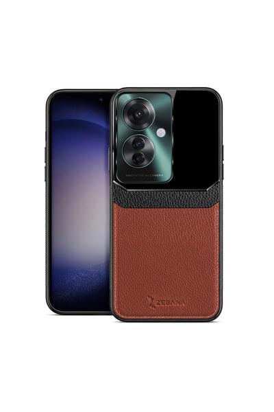 Zebana Oppo Reno11 F 5G Uyumlu Kılıf Lens Deri Kılıf Kahverengi