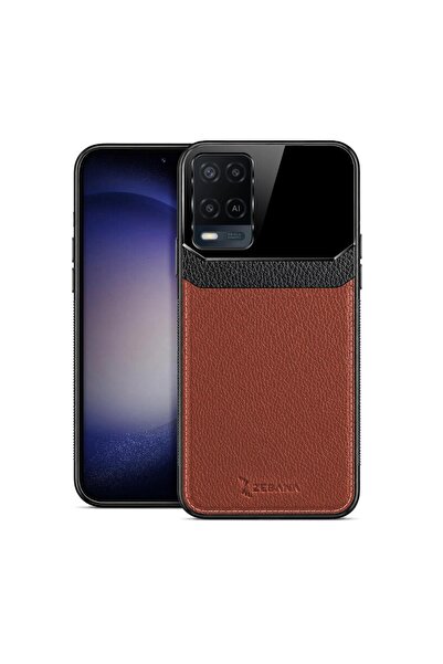 Zebana Oppo A54 Uyumlu Kılıf Lens Deri Kılıf Kahverengi