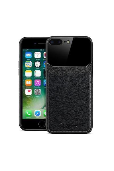 Zebana Apple iPhone 8 Plus Uyumlu Kılıf Lens Deri Kılıf Siyah