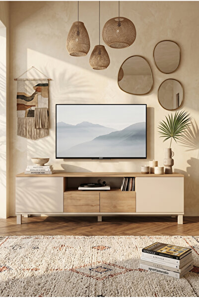 Robin Home Urban Tv Ünitesi Sehpası 2 Kapaklı 2 Çekmeceli Ahşap Ayaklı 180cm ...