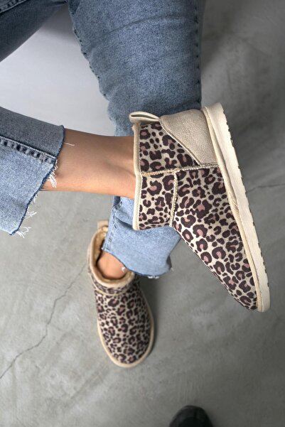 Beyond Γυναικείες Μπεζ Leopard Ultra Mini Γούνινες Μπότες Suede 3cm BYNDUM01