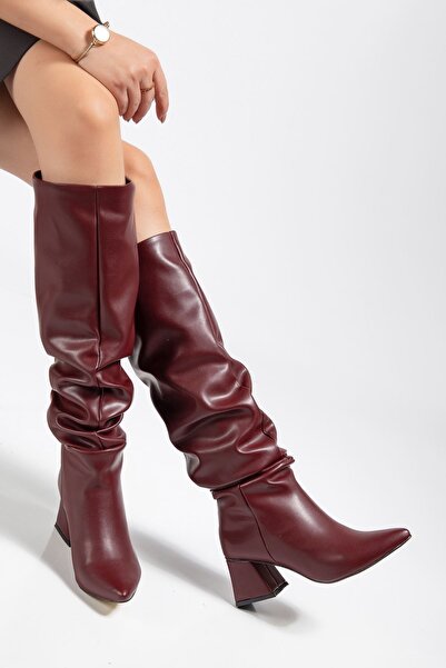 HWNLİFE Syt-2002 Burgundy Leather Gusseted Thick Heeled Casual Boots