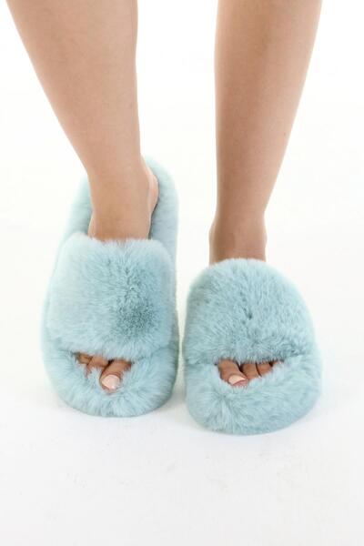 Beyond Γυναικείες Παντόφλες Mint Water Green Extra Soft Hairy House 3cm Bynd01