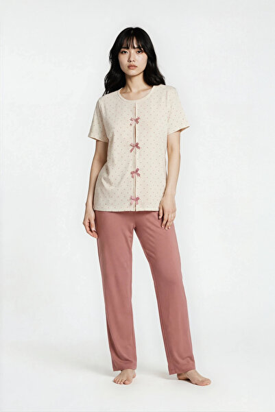 Ecrou Set de pijamale cu fundă din satin cu buline și trandafiri uscați