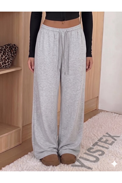yx yustex sport Γυναικείο γκρι φαρδύ παντελόνι φόρμας - Ψηλόμεσο, άνετο, διπλ...