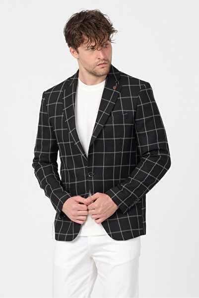 Frappoli Virone Men's Black Mono Collar Plaid Polyviscon Fabric Slim Fit Spor...