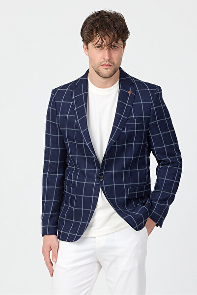 Frappoli Virone Men's Navy Blue Mono Collar Plaid Polyviscon Fabric Slim Fit ...