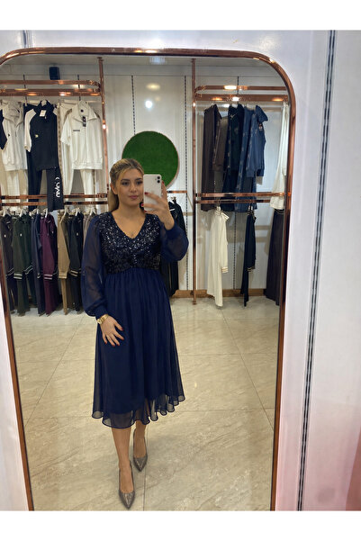Sienna Fashion Ναυτικό μπλε φόρεμα με μανίκια από σιφόν Βάντα
