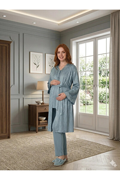 Beruflic Bone 6201 Kadın Jakar Saten Sabahlıklı Lohusa Pijama Takımı