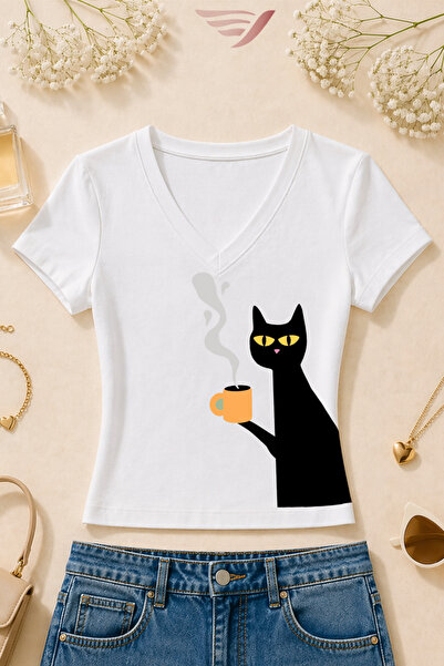 Velostra Women's Coffee Cat Printed Basic Daily Use V-Neck Slim Fit T-Shirt