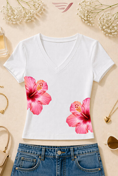 Velostra Women's Pink Floral Printed Basic Daily Use V-Neck Slim Fit T-Shirt