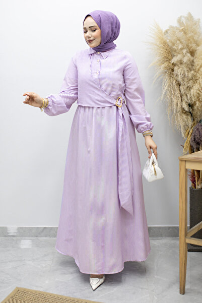 Tesettür Dünyası Ριγέ πουκαμισένιο φόρεμα με αγκράφα TSD260196 Μωβ