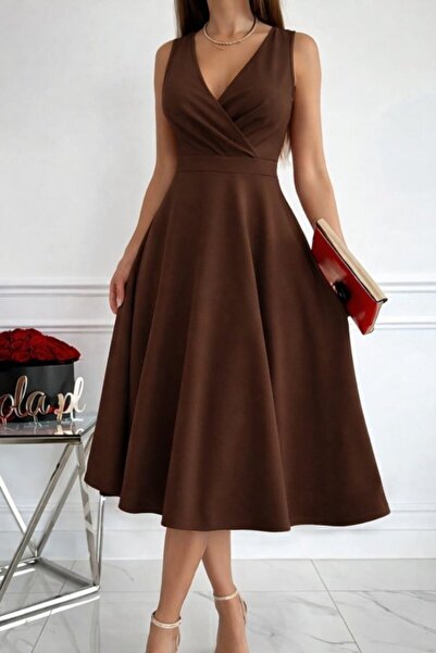 Modayakamoz Γυναικείο Μίνι αμάνικο φόρεμα από ύφασμα κρεπ με διπλό στήθος