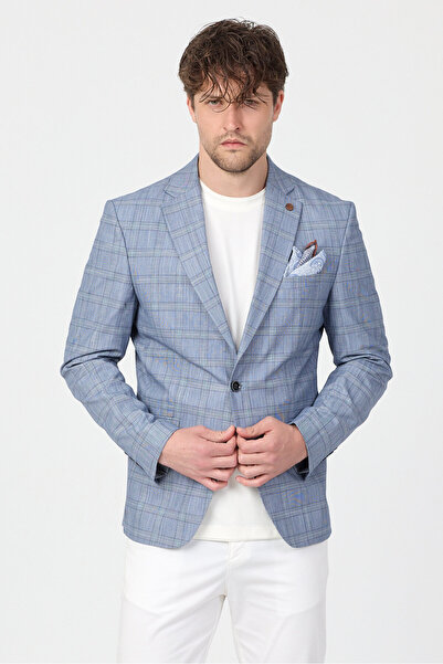 Frappoli Meriva Men's Navy Blue Linen Look Spring-Summer Slim Fit Plaid Sport...