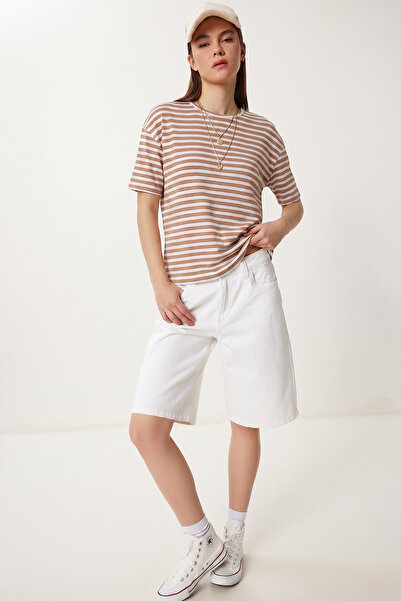 Lovelyİstanbul Ριγέ Oversize Μπλουζάκι Βισκόζης LRN0041 ΛΕΥΚΟ ΜΠΙΣΚΟΥΒΙ