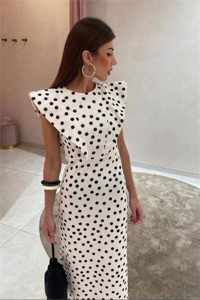 Neşeli Butik Γυναικείο λευκό φόρεμα με επένδυση στους ώμους, πουά σχέδιο, μίν...