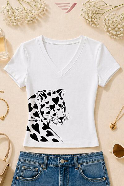 Velostra Women's Heart Patterned Leopard Printed Basic Daily Use V-Neck Slim ...