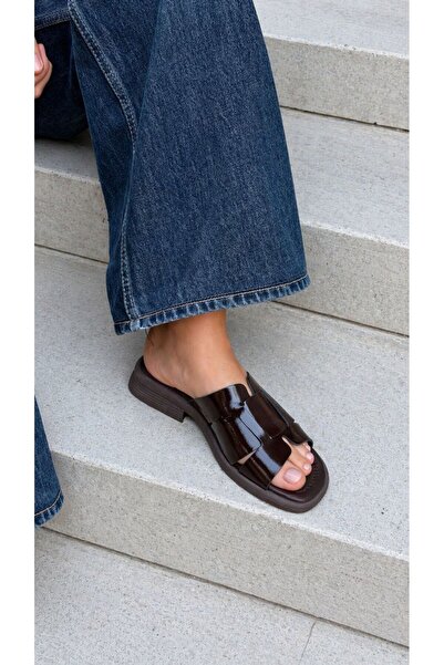 ESSO LA MİA Elvarra Women's Slippers - Genuine Leather Brown Patent Leather D...