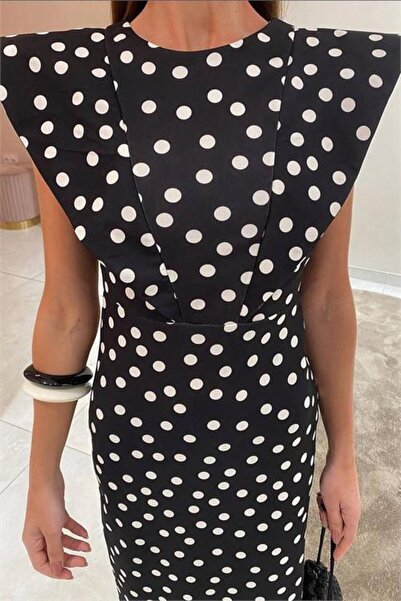 Neşeli Butik Γυναικείο μαύρο φόρεμα με επένδυση στους ώμους, πουά σχέδιο, μίν...