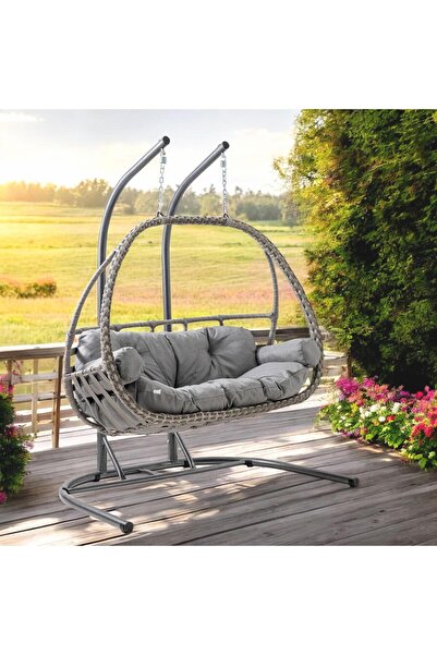 ReHome Malta Çiftli Rattan Bahçe Salıncağı | Gri