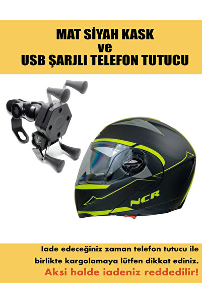 NCR ÇENE AÇILIR KASK SARI SİYAH ve USB ŞARJLI TELEFON TUTUCU