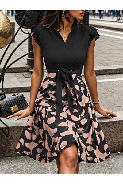 Modayakamoz Γυναικείο κοντομάνικο βολάν με λεπτομέρεια Μίνι φόρεμα κρεπ με ζώνη