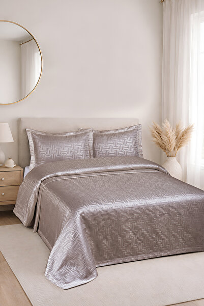BİRHOME Hermira Jakarlı Çift Kişilik Modern Yatak Örtüsü Takımı 3 Parça 240x250cm (kahverengi)