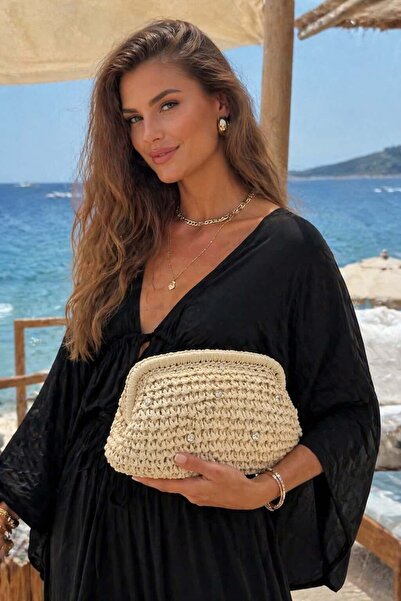 BALIENTE Μπεζ Χειροποίητη Πλεκτή Γυναικεία Τσάντα με Κεντημένες Πέτρες – 27x1...