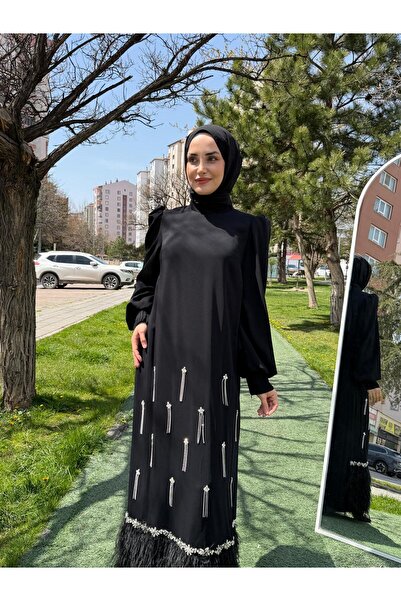 JOOQSTORE فستان سهرة مزين بالريش والأحجار