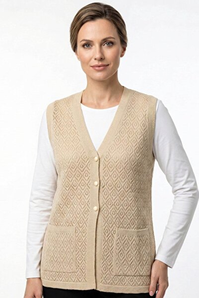 hadiora Women's Cream Openwork V-Neck Knitted Vest with Pockets
