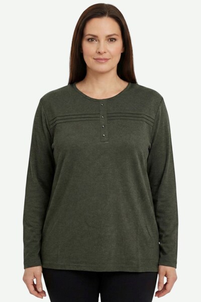 hadiora Women's Khaki Ribbed Detailed Buttoned Combed Cotton Blouse