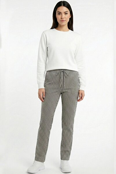 hadiora Women's Black Waterway Striped Elastic Waist Plus Size Trousers