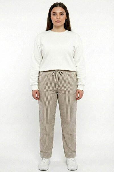 hadiora Women's Beige Waterway Striped Elastic Waist Pants