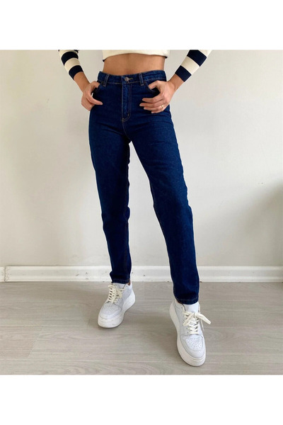 TRENDNATUREL Σκούρο μπλε ψηλόμεσο παντελόνι Lycra Mom Jean