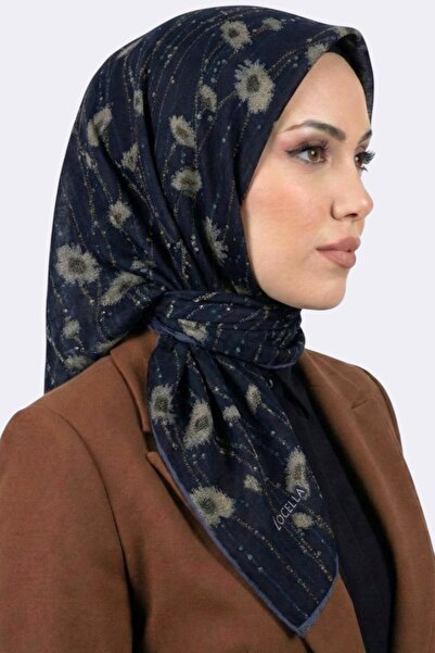 hadiora وشاح نسائي ناعم من القطن العضوي مزين بنقشة الزهور باللون الأزرق الداكن