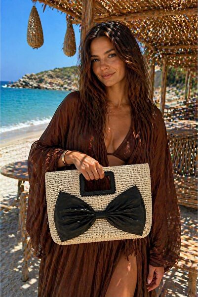 BALIENTE Μπεζ Χειροποίητη Πλεκτή Ψάθινη Γυναικεία Τσάντα με Λεπτομέρεια Φιόγκ...