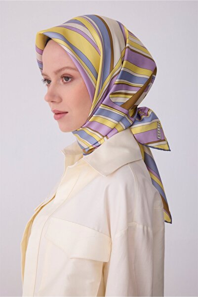 Belli Κίτρινο Λιλά Γεωμετρικό Σχέδιο 100% Μεταξωτό Φουλάρι Twill 4311-03