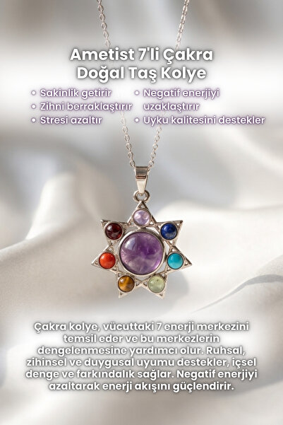 Elifsu Jewelry Güneşin Çakrası 7'li Çakra Doğal Taş Kolye Pembe Kuvars Ametist