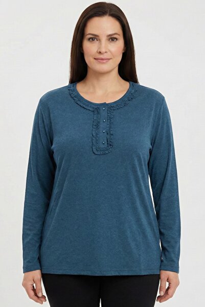 hadiora Women's Turquoise Ruffle Detailed Buttoned Combed Cotton Blouse