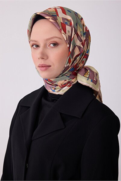 Belli Mor Çok Renkli Obje Desen %100 Twill İpek Eşarp 4307-34