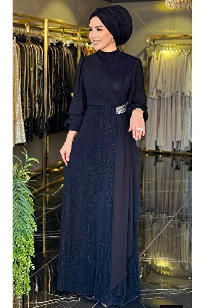 GÜZELLER Büyük Beden Kolları Şifon Beli Taşlı Abiye Elbise