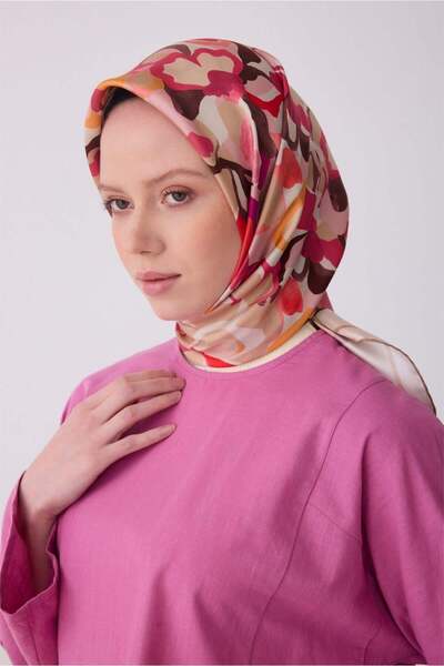 Belli Tivil Pure Silk Scarf IST 4312 - 35 Κρεμ Κόκκινο Σχέδιο Λουλουδιών