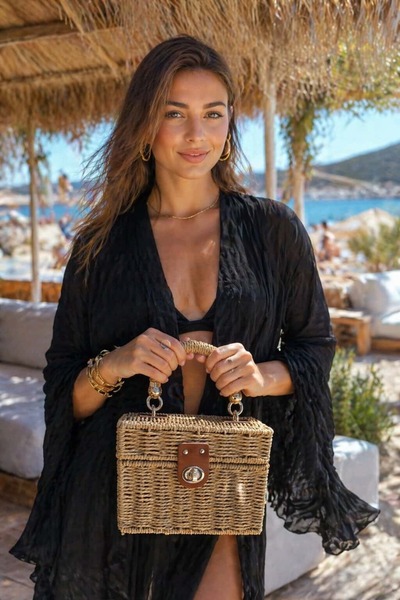 BALIENTE Γυναικεία τσάντα από ψάθινο υλικό, πλεκτή στο χέρι, σε χρώμα καμηλό ...