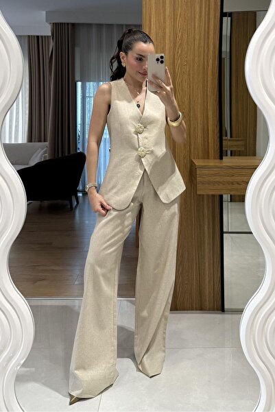 get crazy collection Kadın Alt Üst Takım Şık Düğme Detaylı Yelek Pantolon İki...