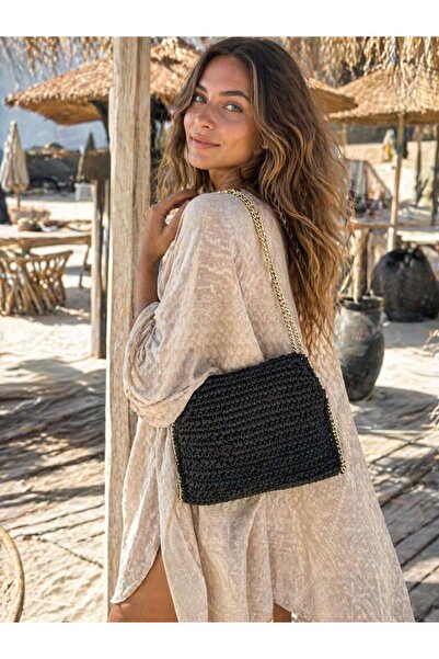 BALIENTE Μαύρη χειροποίητη πλεκτή γυναικεία τσάντα με λουράκι αλυσίδας – 28x2...