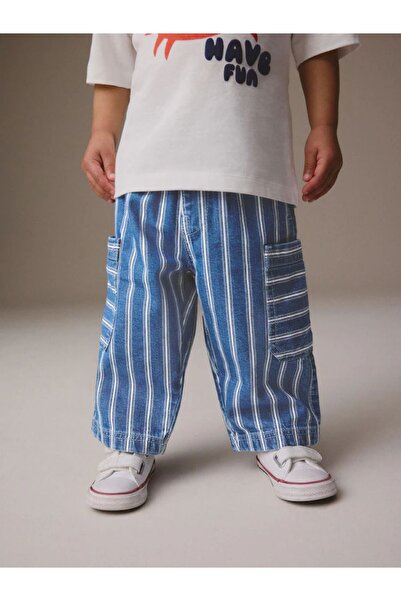 Next Baby Μεσαίο μπλε ριγέ παντελόνι με φαρδιά μπατζάκια, ελαστικό Cargo, 100...