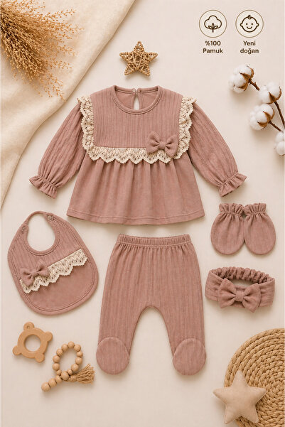Tifina Kids Kız Bebek Yenidoğan %100 Pamuk Fitilli Dantel Detaylı 5’li Takım ...