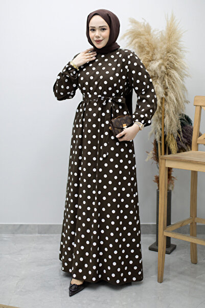 Tesettür Dünyası Φόρεμα με ζώνη στη μέση και πουά TSD260206 Καφέ