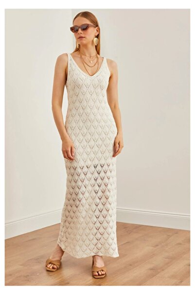 RECEP AYDIN Εκρού πλεκτό φόρεμα με τιράντες και διάτρητο σχέδιο